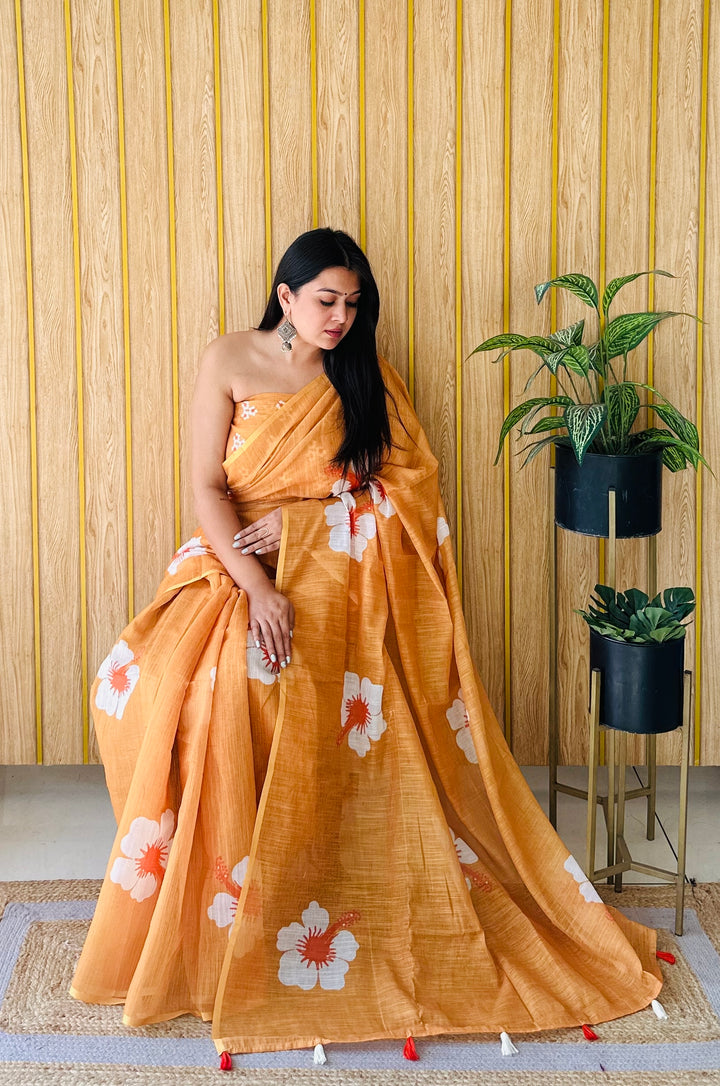 Floral Digital Printed Linen Saree | Stylish Party Wear Soft & Elegant