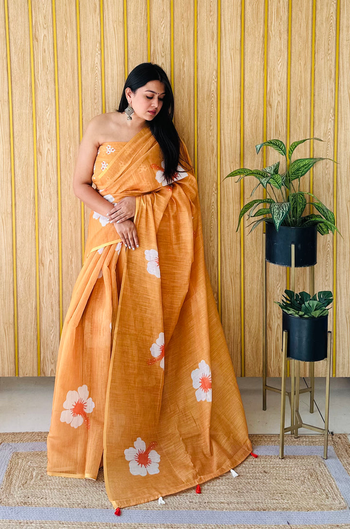 Floral Digital Printed Linen Saree | Stylish Party Wear Soft & Elegant