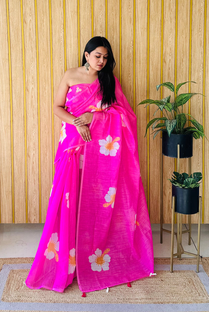 Floral Digital Printed Linen Saree | Stylish Party Wear Soft & Elegant