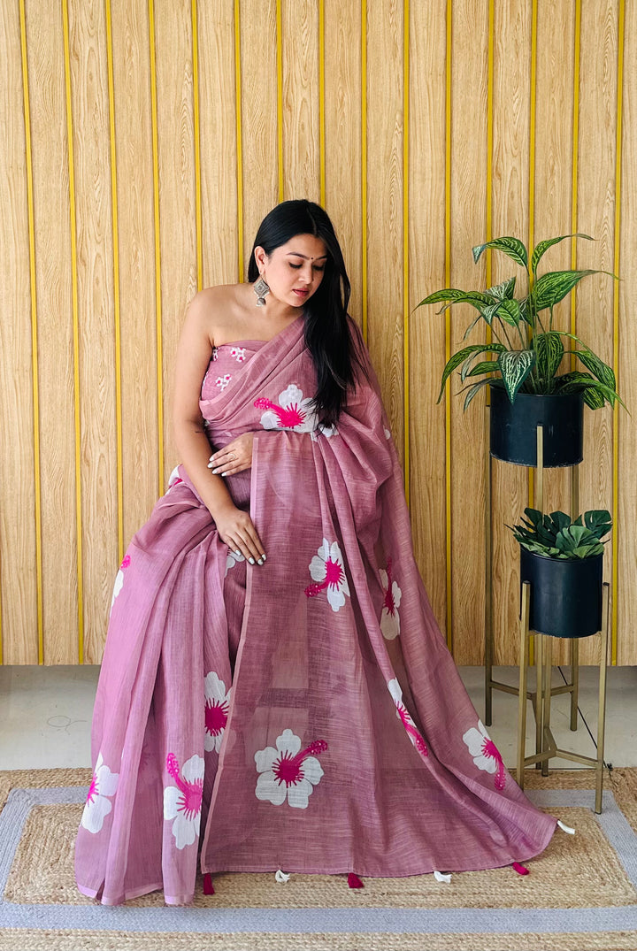 Floral Digital Printed Linen Saree | Stylish Party Wear Soft & Elegant