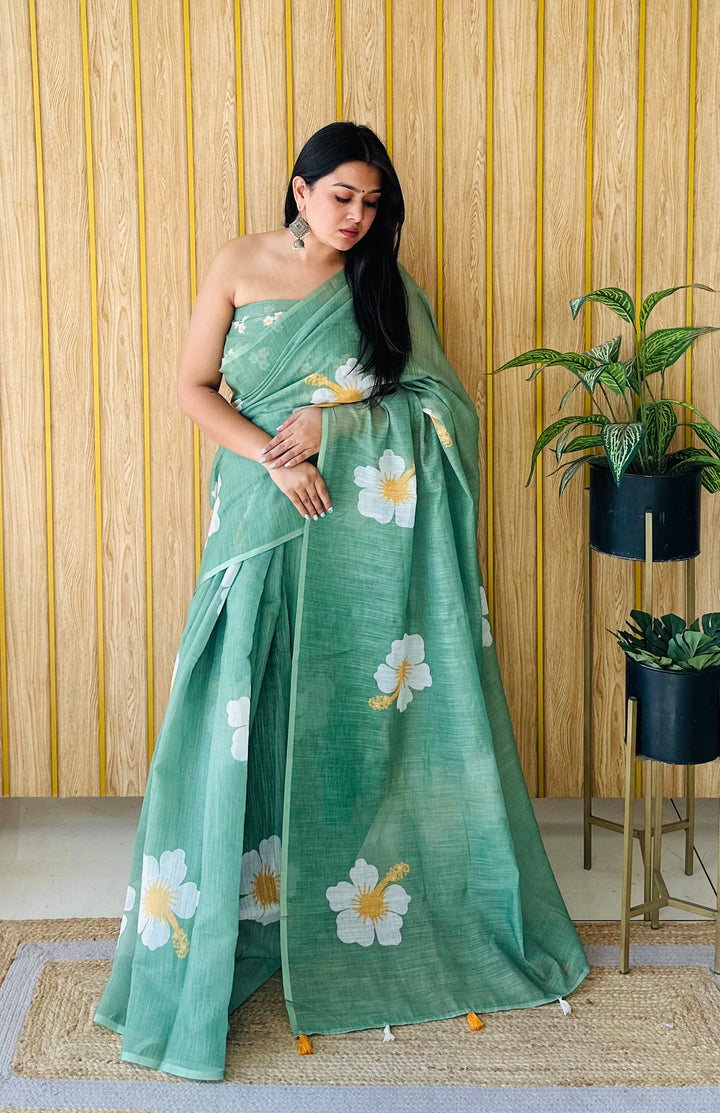 Floral Digital Printed Linen Saree | Stylish Party Wear Soft & Elegant