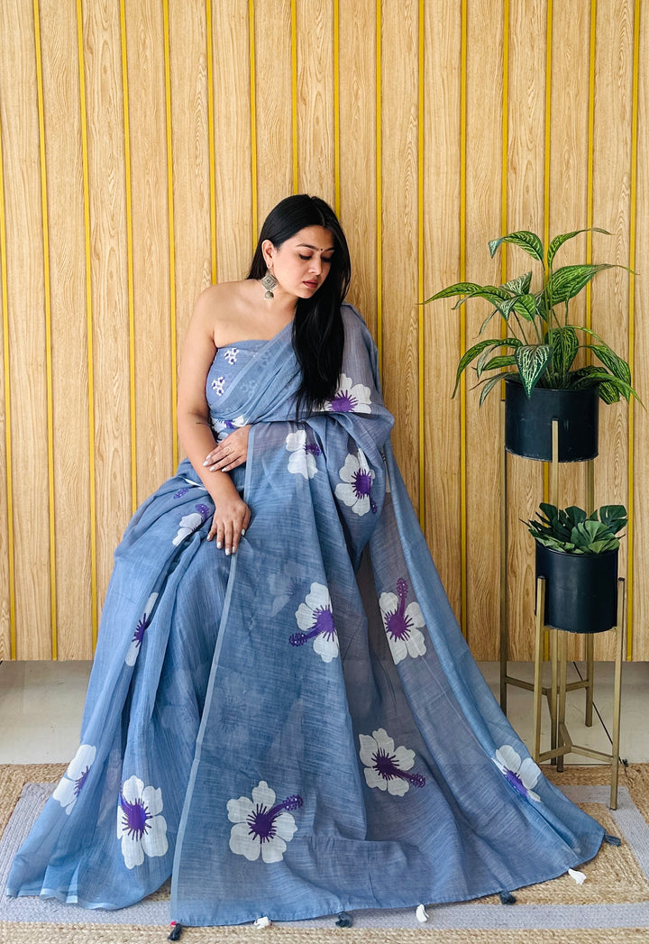 Floral Digital Printed Linen Saree | Stylish Party Wear Soft & Elegant
