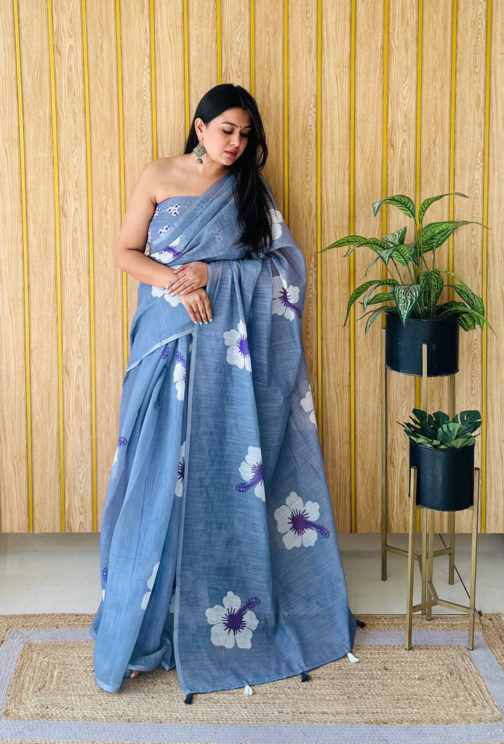 Floral Digital Printed Linen Saree | Stylish Party Wear Soft & Elegant