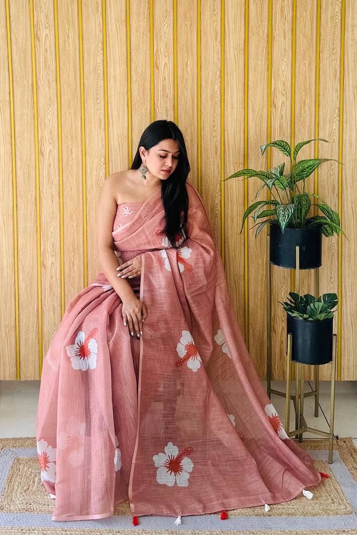 Floral Digital Printed Linen Saree | Stylish Party Wear Soft & Elegant