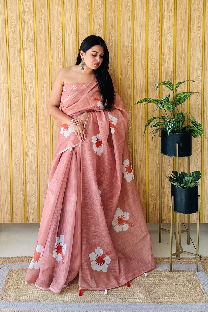 Floral Digital Printed Linen Saree | Stylish Party Wear Soft & Elegant