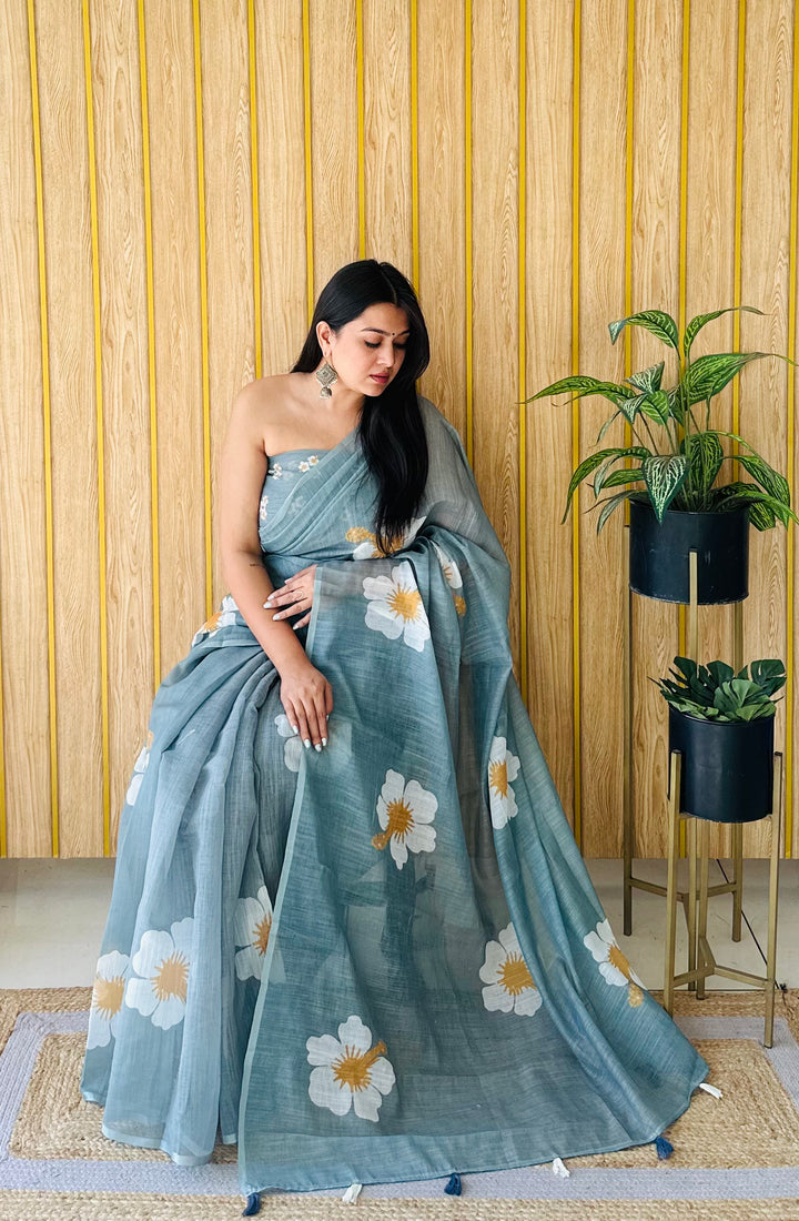 Floral Digital Printed Linen Saree | Stylish Party Wear Soft & Elegant