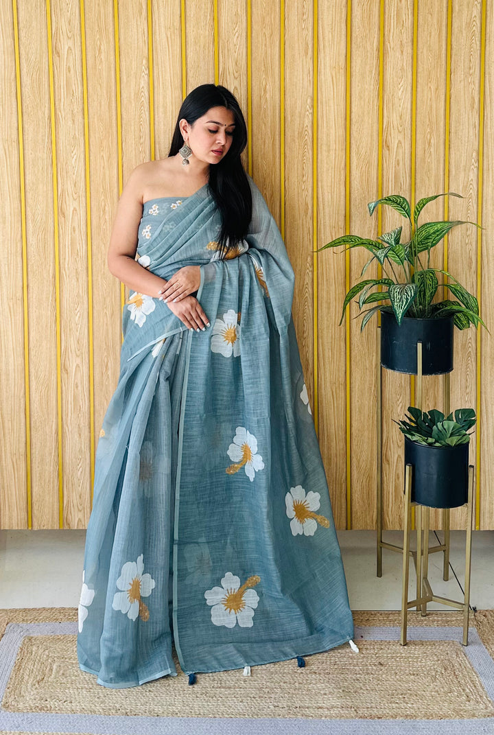Floral Digital Printed Linen Saree | Stylish Party Wear Soft & Elegant