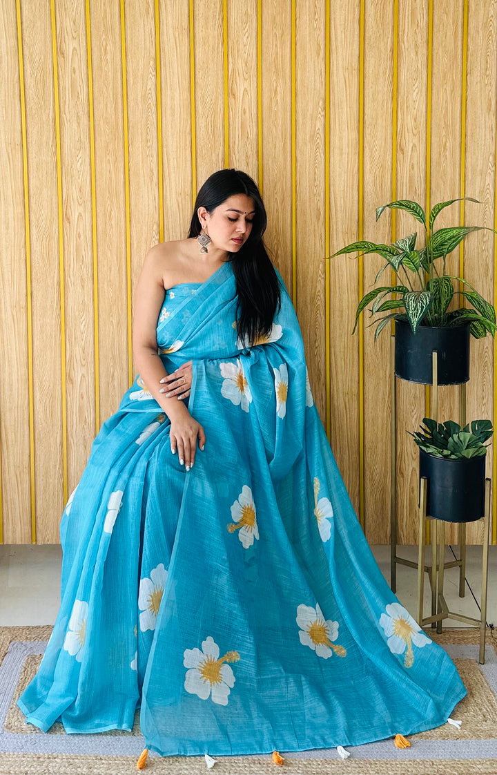 Floral Digital Printed Linen Saree | Stylish Party Wear Soft & Elegant
