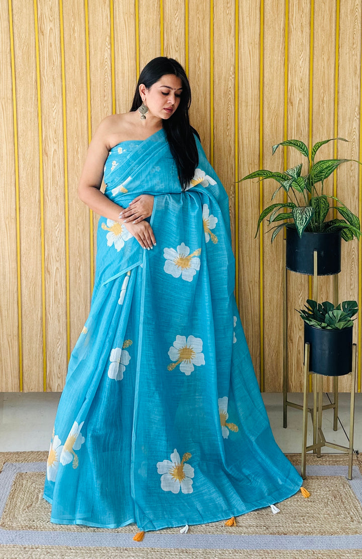 Floral Digital Printed Linen Saree | Stylish Party Wear Soft & Elegant