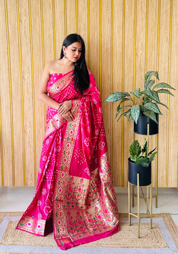 Banarasi Silk Saree | Original Bandhej Work Wevon Paithani Design