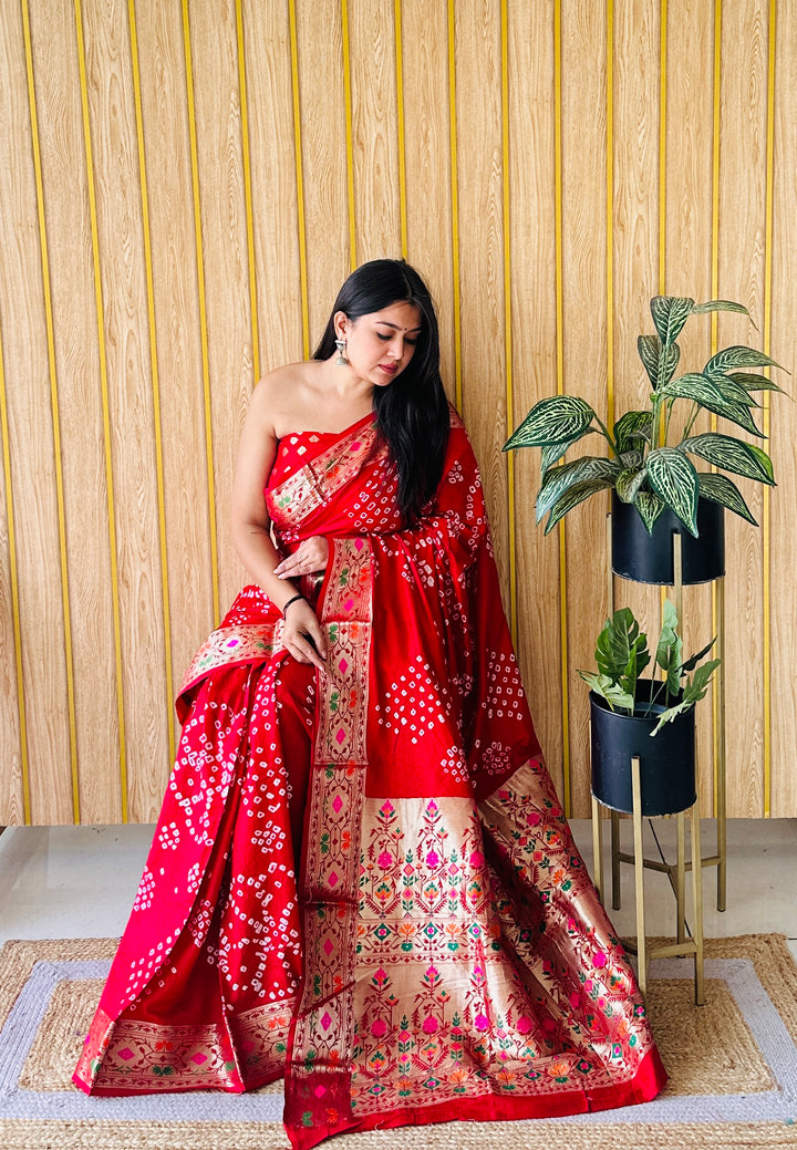 Banarasi Silk Saree | Original Bandhej Work Wevon Paithani Design
