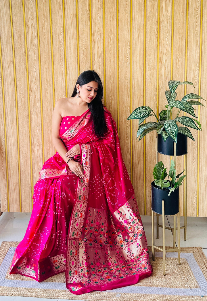 Banarasi Silk Saree | Original Bandhej Work Wevon Paithani Design