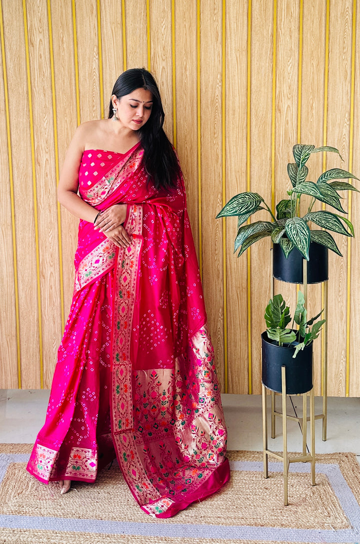 Banarasi Silk Saree | Original Bandhej Work Wevon Paithani Design