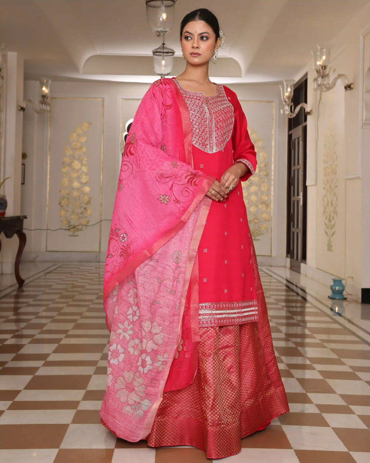 Stylish Rani Pink Rangoli Silk Salwar Kameez | Embroidered Work & Crepe Bottom