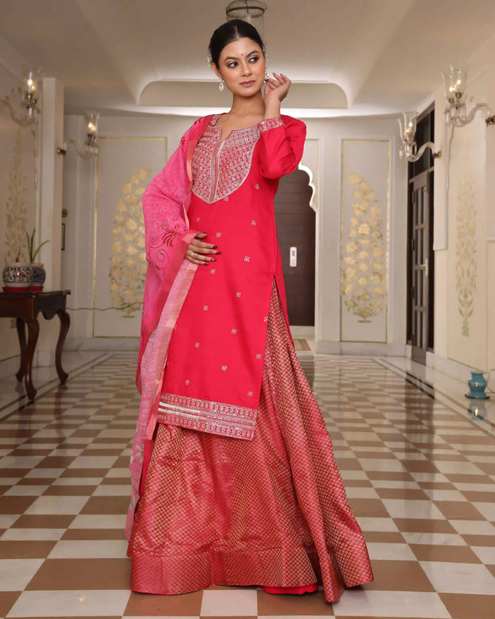 Stylish Rani Pink Rangoli Silk Salwar Kameez | Embroidered Work & Crepe Bottom