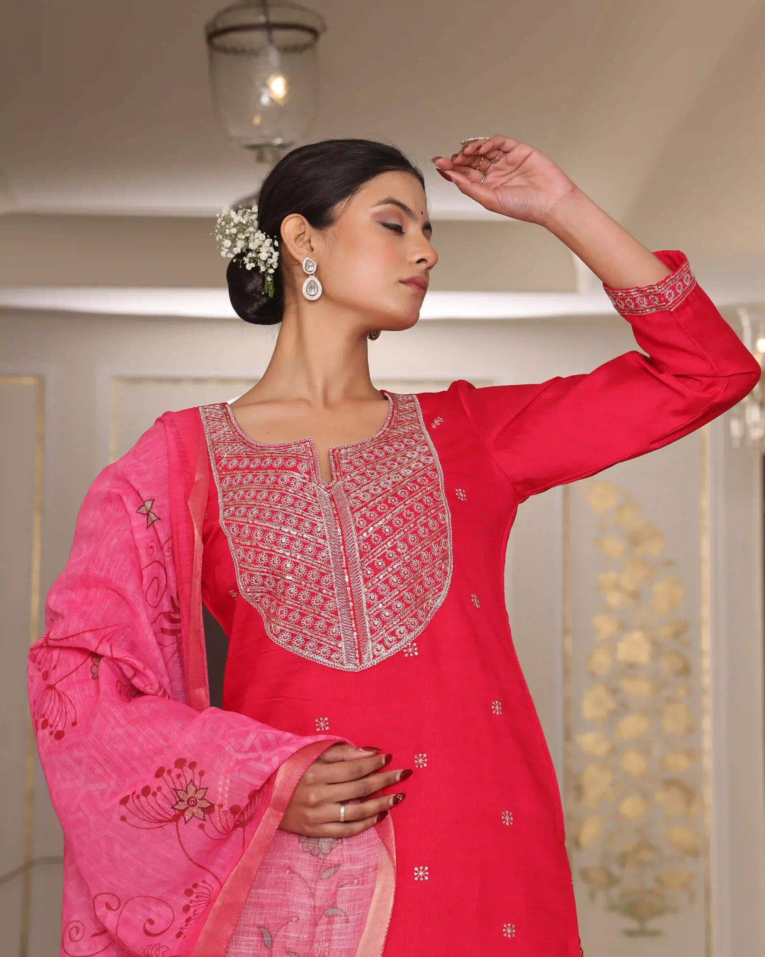 Stylish Rani Pink Rangoli Silk Salwar Kameez | Embroidered Work & Crepe Bottom