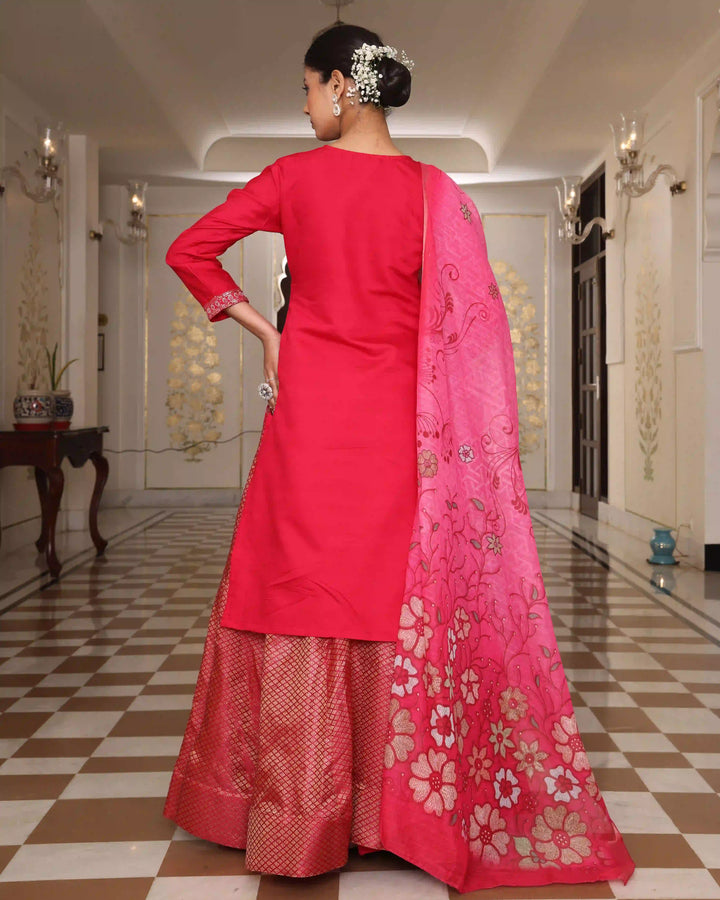 Stylish Rani Pink Rangoli Silk Salwar Kameez | Embroidered Work & Crepe Bottom