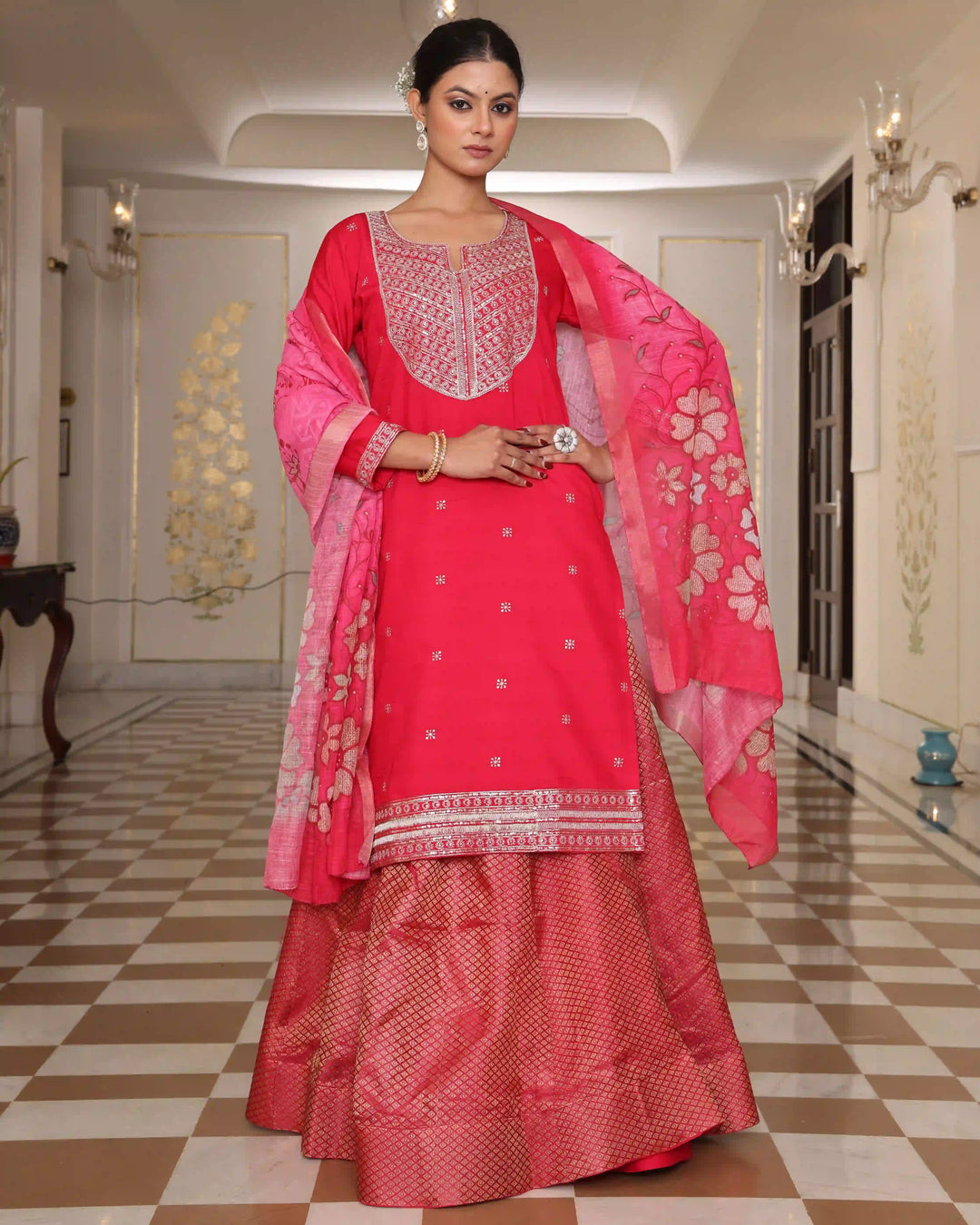 Stylish Rani Pink Rangoli Silk Salwar Kameez | Embroidered Work & Crepe Bottom