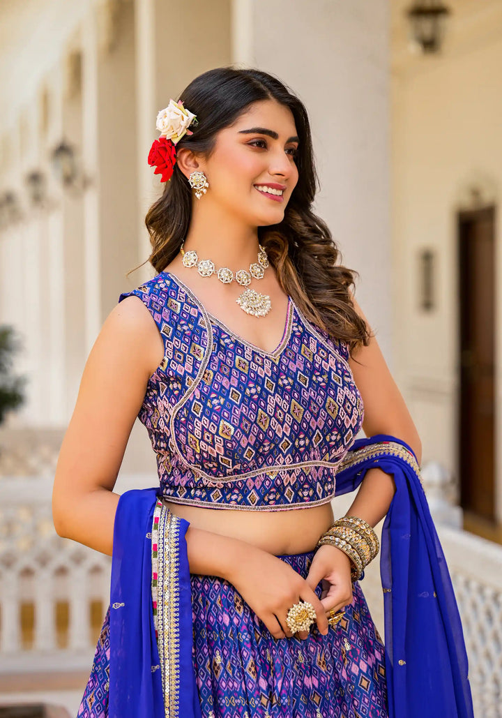 Fancy Blue Georgette Lehenga | Embroidery Work & Dupatta Included