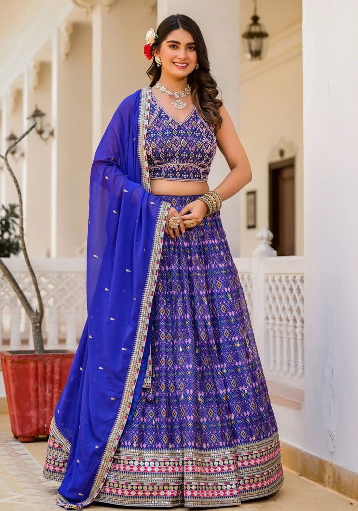Fancy Blue Georgette Lehenga | Embroidery Work & Dupatta Included
