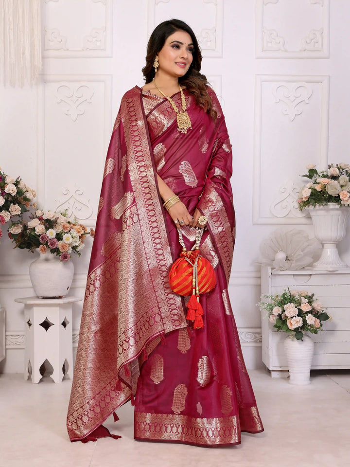 Luxurious Organza Saree | Wevon Gold Jari Embellished for Royal Look