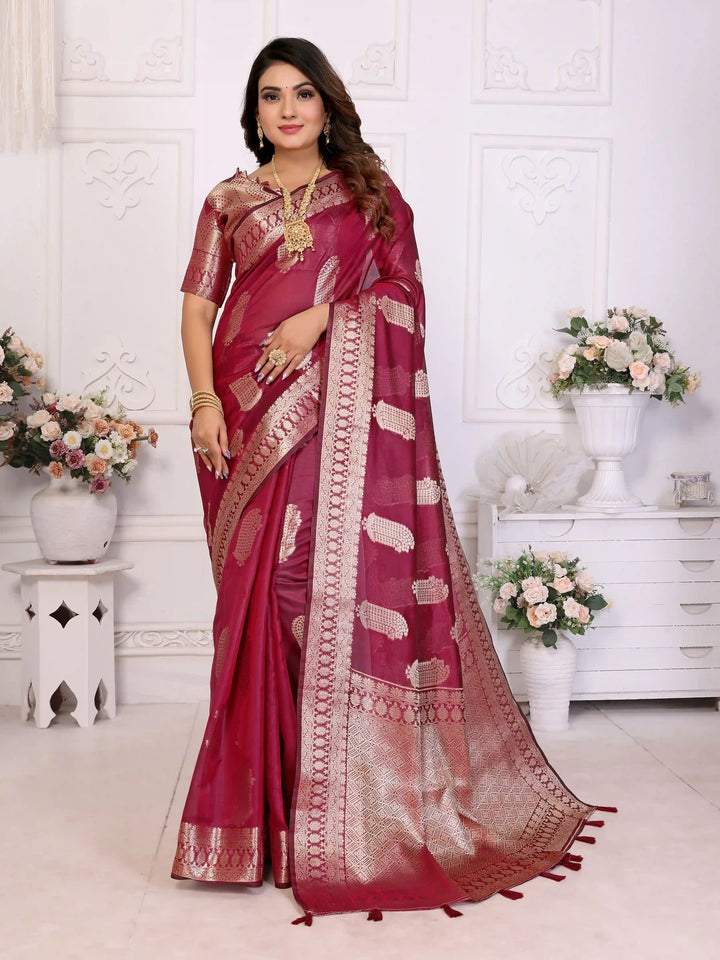 Luxurious Organza Saree | Wevon Gold Jari Embellished for Royal Look