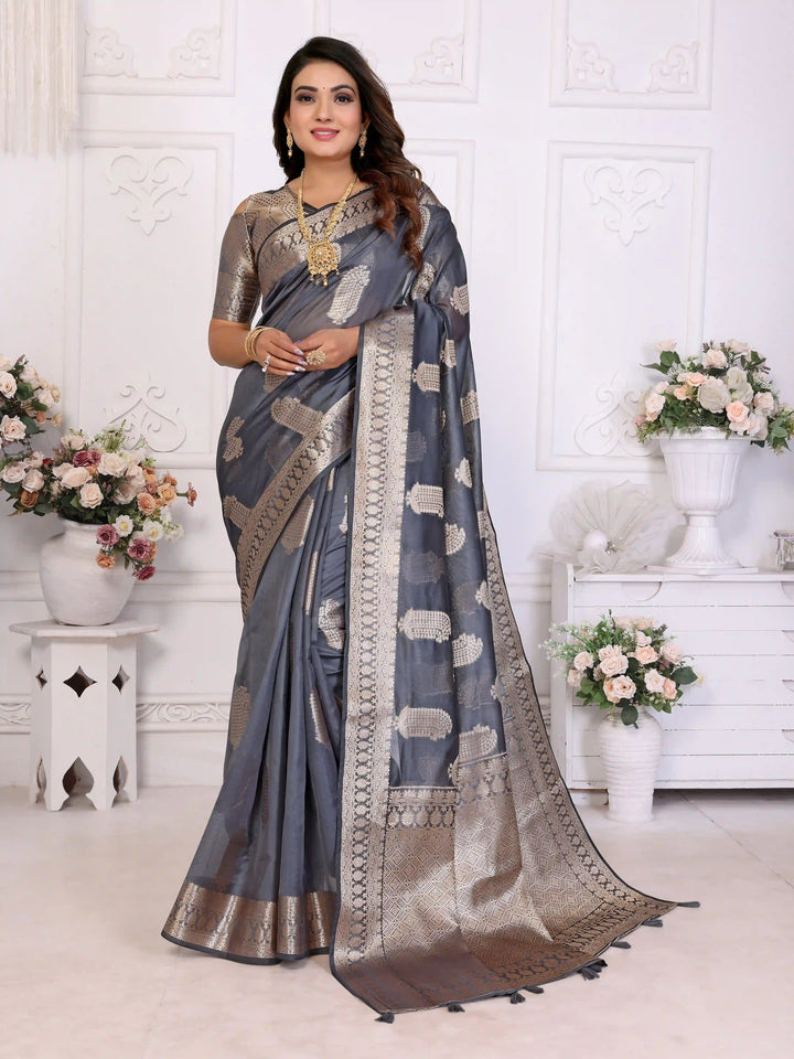 Luxurious Organza Saree | Wevon Gold Jari Embellished for Royal Look