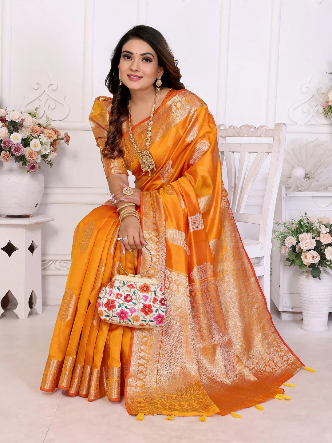 Luxurious Organza Saree | Wevon Gold Jari Embellished for Royal Look