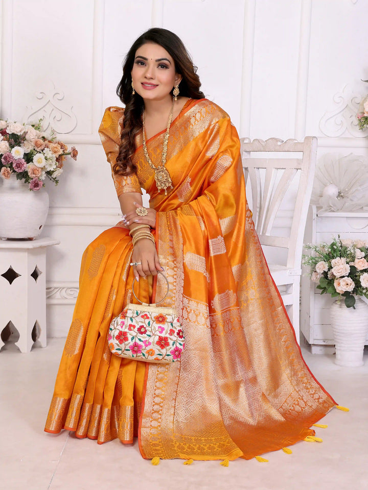 Luxurious Organza Saree | Wevon Gold Jari Embellished for Royal Look