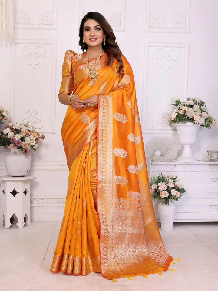 Luxurious Organza Saree | Wevon Gold Jari Embellished for Royal Look