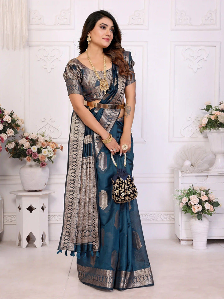 Luxurious Organza Saree | Wevon Gold Jari Embellished for Royal Look