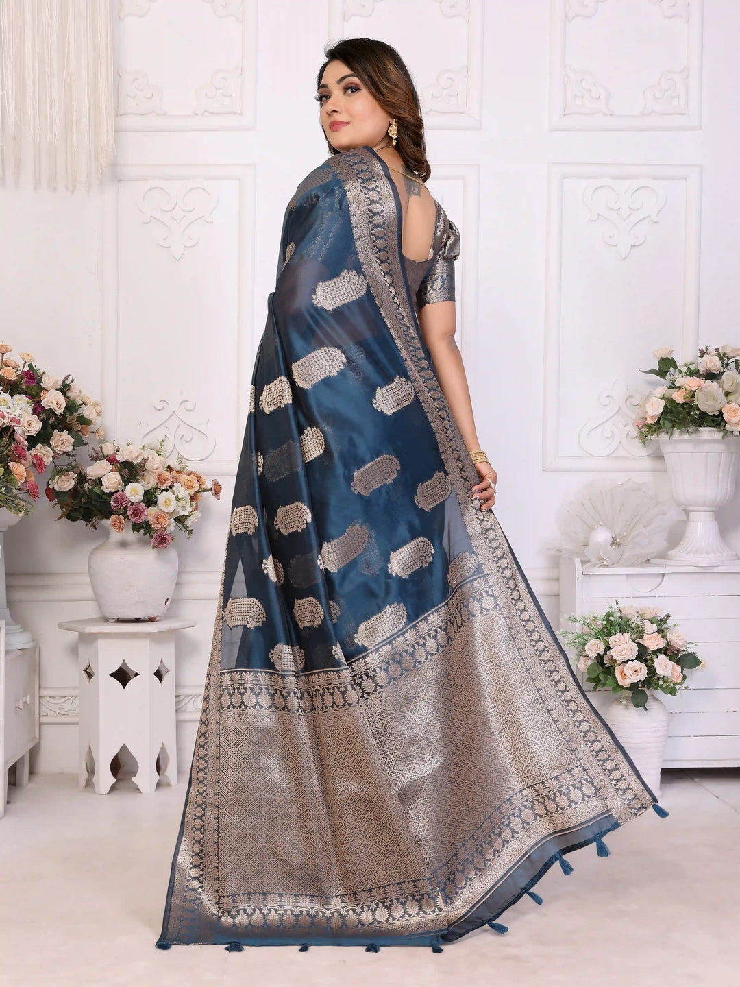 Luxurious Organza Saree | Wevon Gold Jari Embellished for Royal Look
