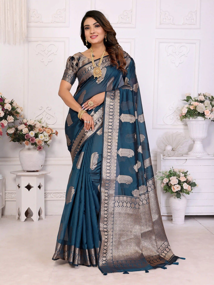 Luxurious Organza Saree | Wevon Gold Jari Embellished for Royal Look