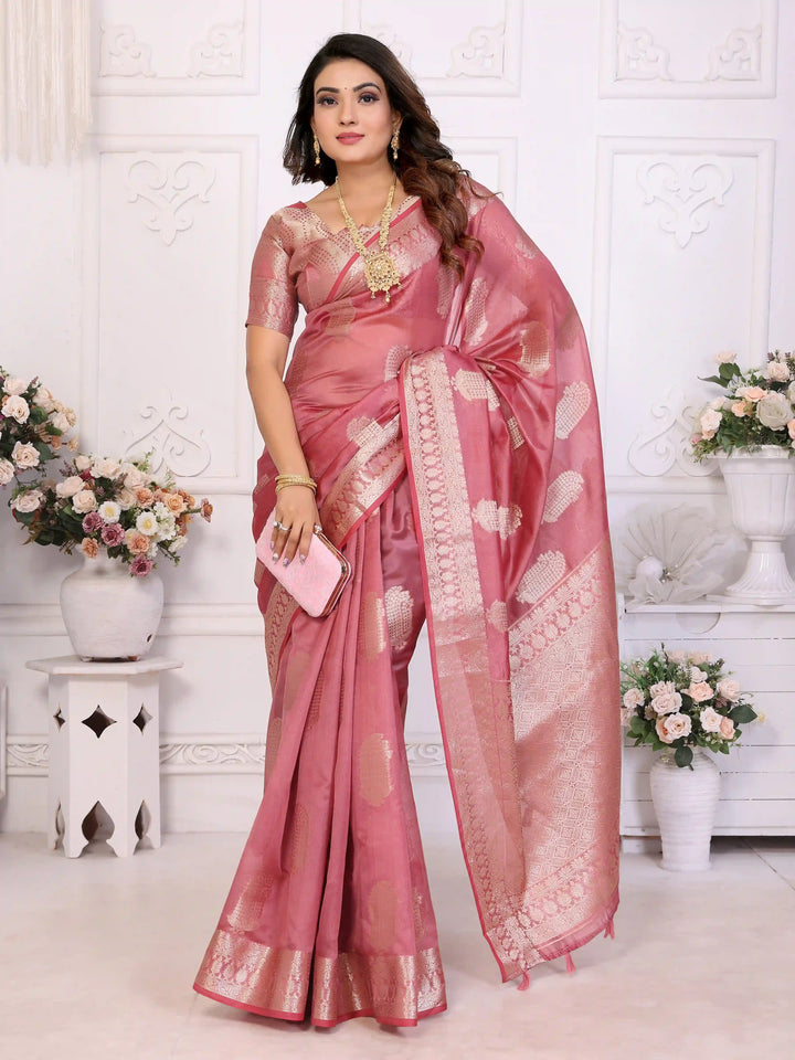 Luxurious Organza Saree | Wevon Gold Jari Embellished for Royal Look