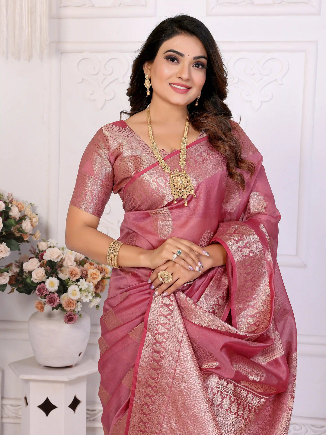 Luxurious Organza Saree | Wevon Gold Jari Embellished for Royal Look