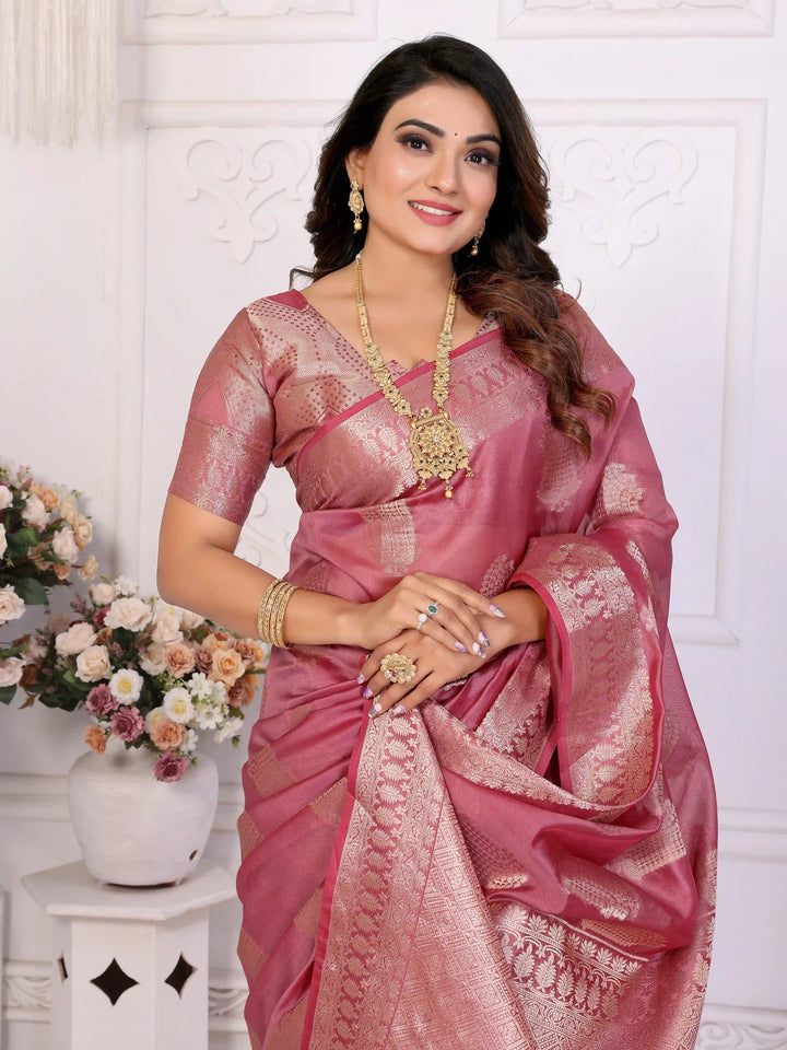 Luxurious Organza Saree | Wevon Gold Jari Embellished for Royal Look