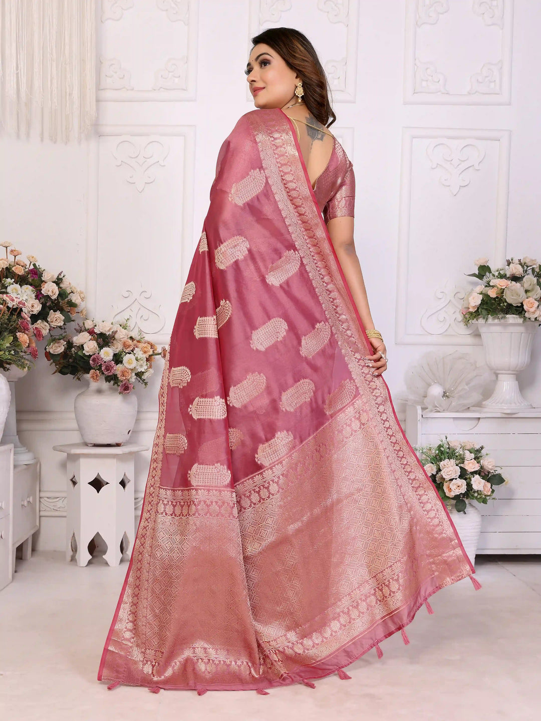 Luxurious Organza Saree | Wevon Gold Jari Embellished for Royal Look