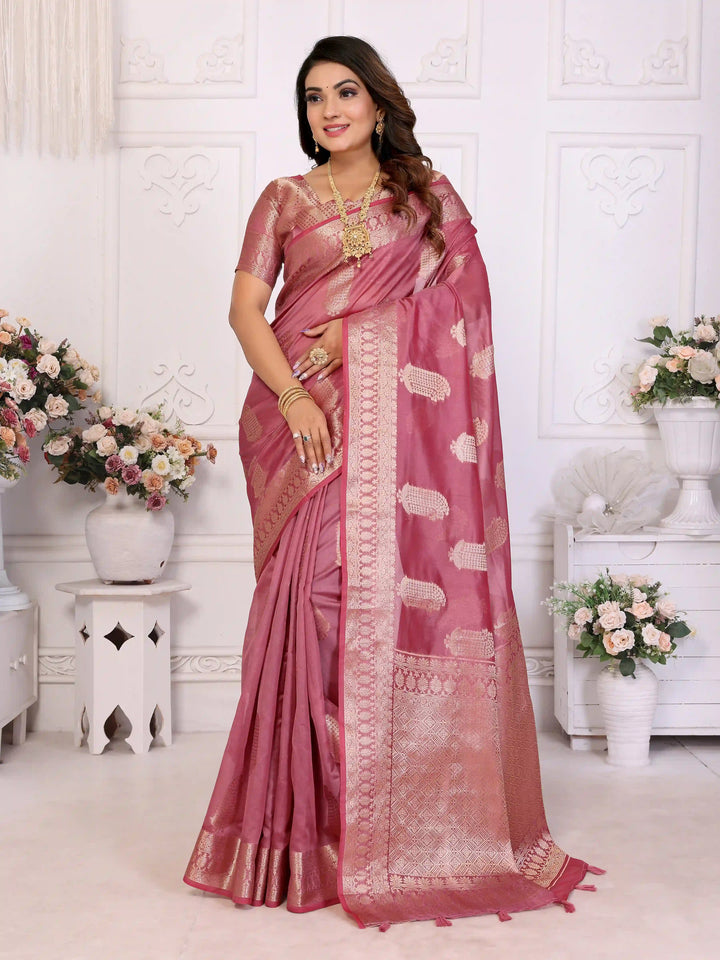 Luxurious Organza Saree | Wevon Gold Jari Embellished for Royal Look