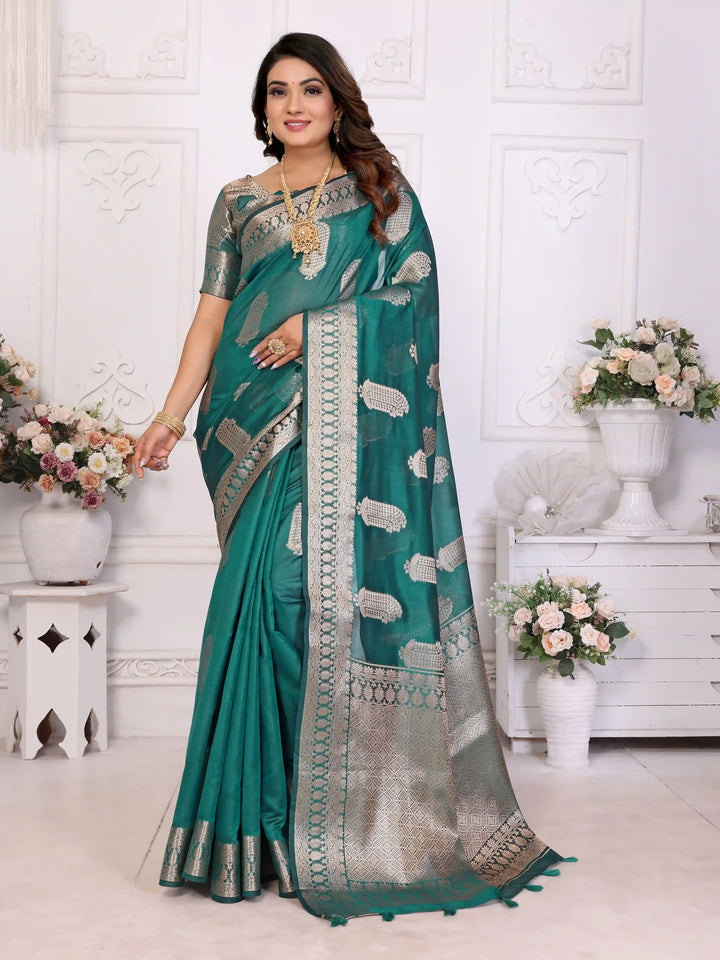 Luxurious Organza Saree | Wevon Gold Jari Embellished for Royal Look