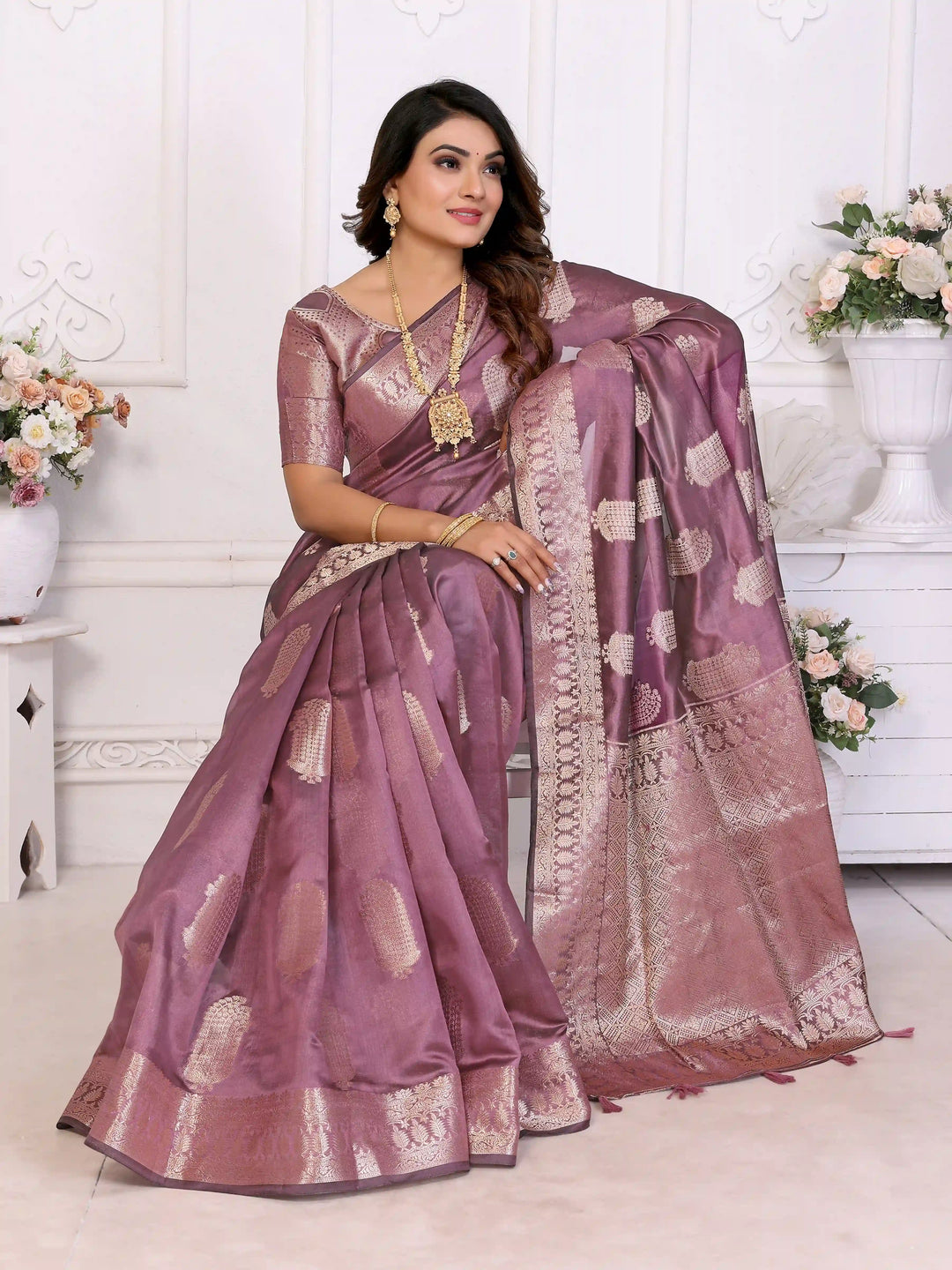 Luxurious Organza Saree | Wevon Gold Jari Embellished for Royal Look