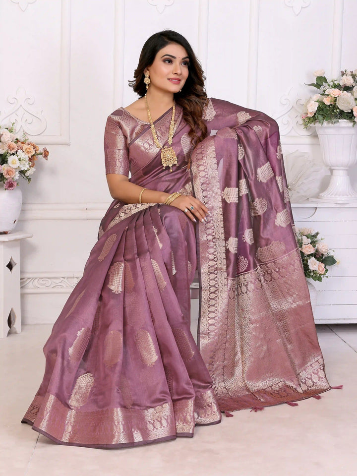 Luxurious Organza Saree | Wevon Gold Jari Embellished for Royal Look