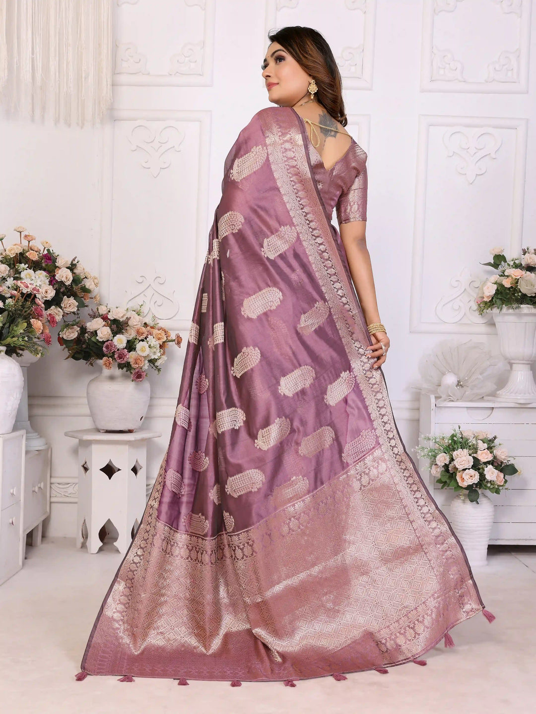 Luxurious Organza Saree | Wevon Gold Jari Embellished for Royal Look