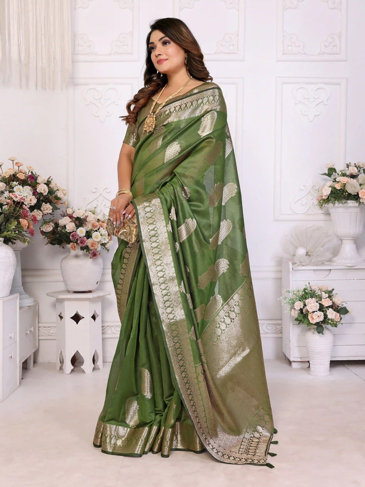 Luxurious Organza Saree | Wevon Gold Jari Embellished for Royal Look