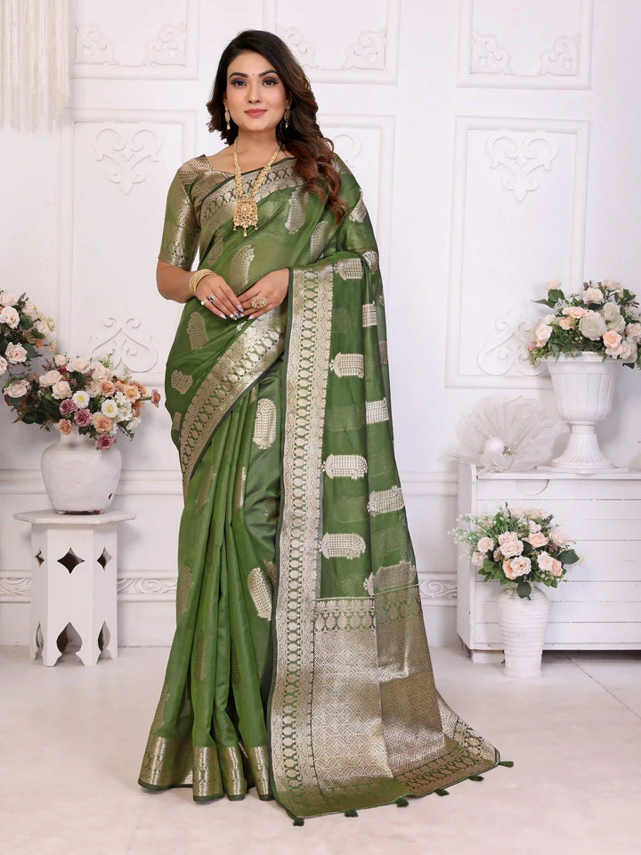 Luxurious Organza Saree | Wevon Gold Jari Embellished for Royal Look