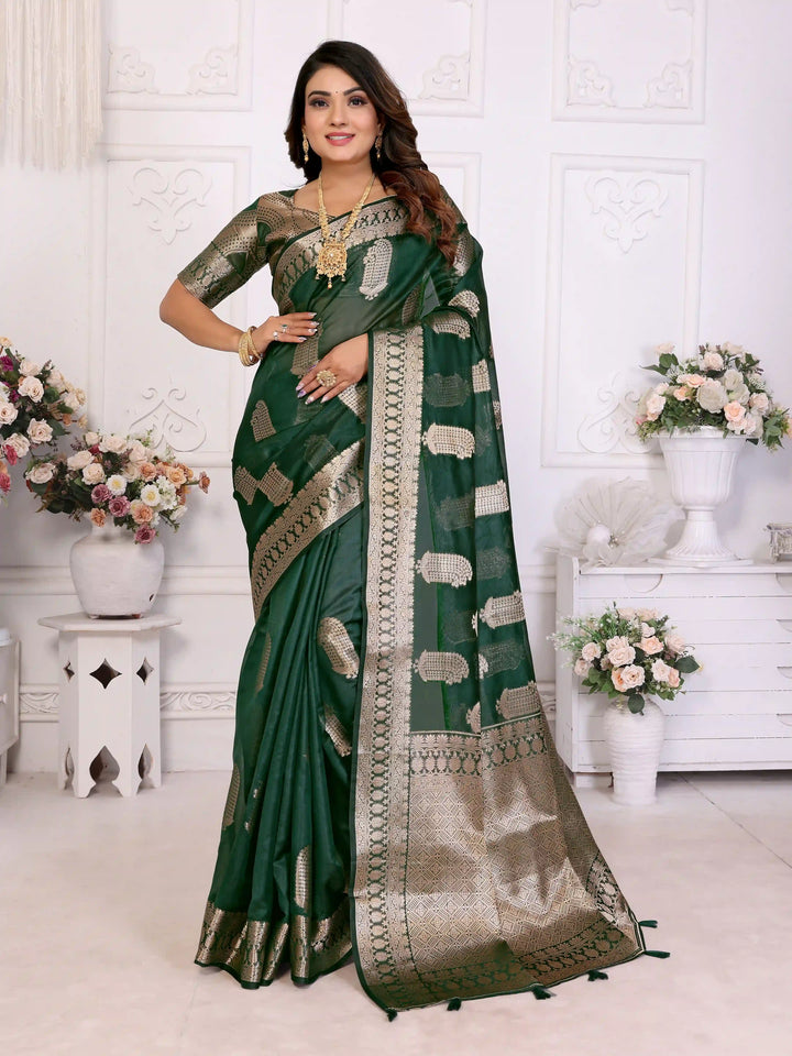 Luxurious Organza Saree | Wevon Gold Jari Embellished for Royal Look