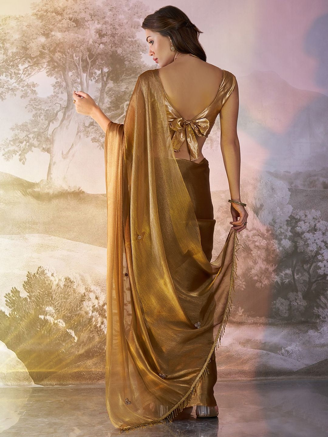 Traditional Tawny Brown Saree | Burberry Organza & Fancy Art Silk Blouse