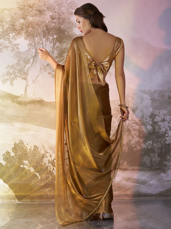 Traditional Tawny Brown Saree | Burberry Organza & Fancy Art Silk Blouse