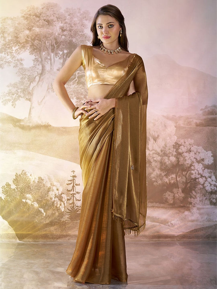 Traditional Tawny Brown Saree | Burberry Organza & Fancy Art Silk Blouse