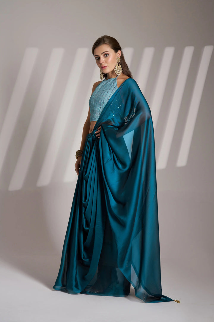 Satin Rangoli Teal Blue Saree | Elegant Art Silk Blouse Festive Look