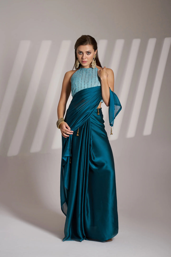 Satin Rangoli Teal Blue Saree | Elegant Art Silk Blouse Festive Look